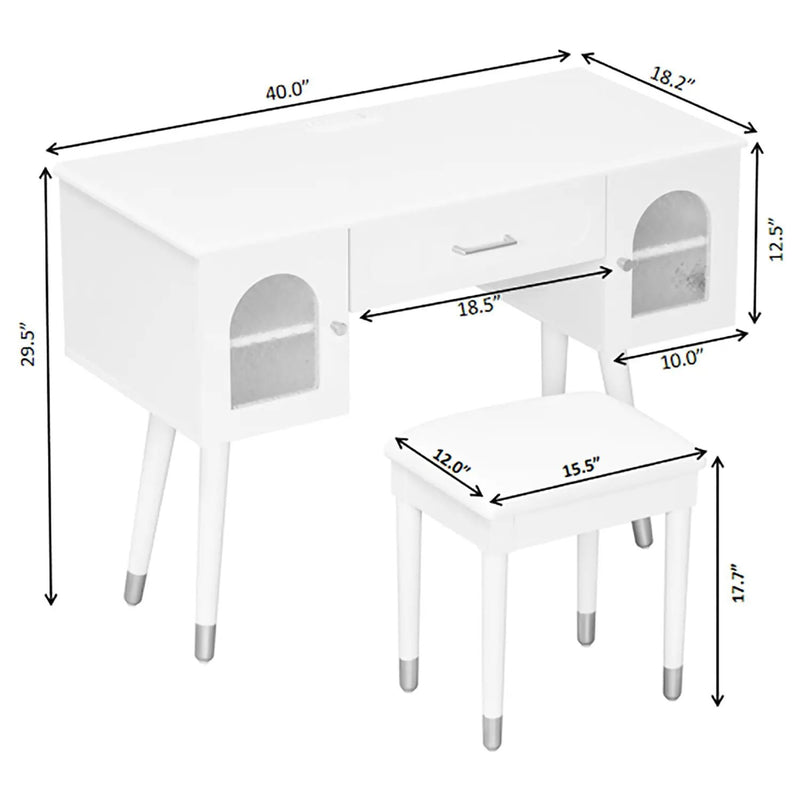 Elegant Vanity Makeup Table & Chair Set Modern Dressing Table With Organizer Writing Desk Charging Port Engineered Wood - White by Unique Piece Furniture