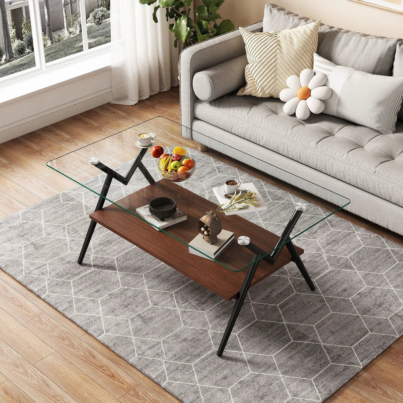 Rectangle Coffee Table With Tempered Glass Top And Shelf by HouseOfZazla