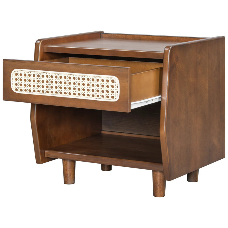 Walnut Nightstand with Rattan Detail, MDF + Solid Wood by HouseOfZazla