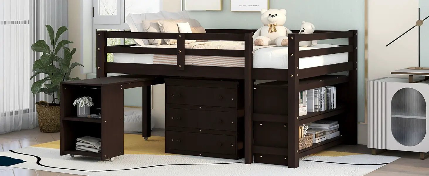 Loft Low Study Bed With Cabinet, Shelves And Rolling Portable Desk, Multiple Functions by HouseOfZazla