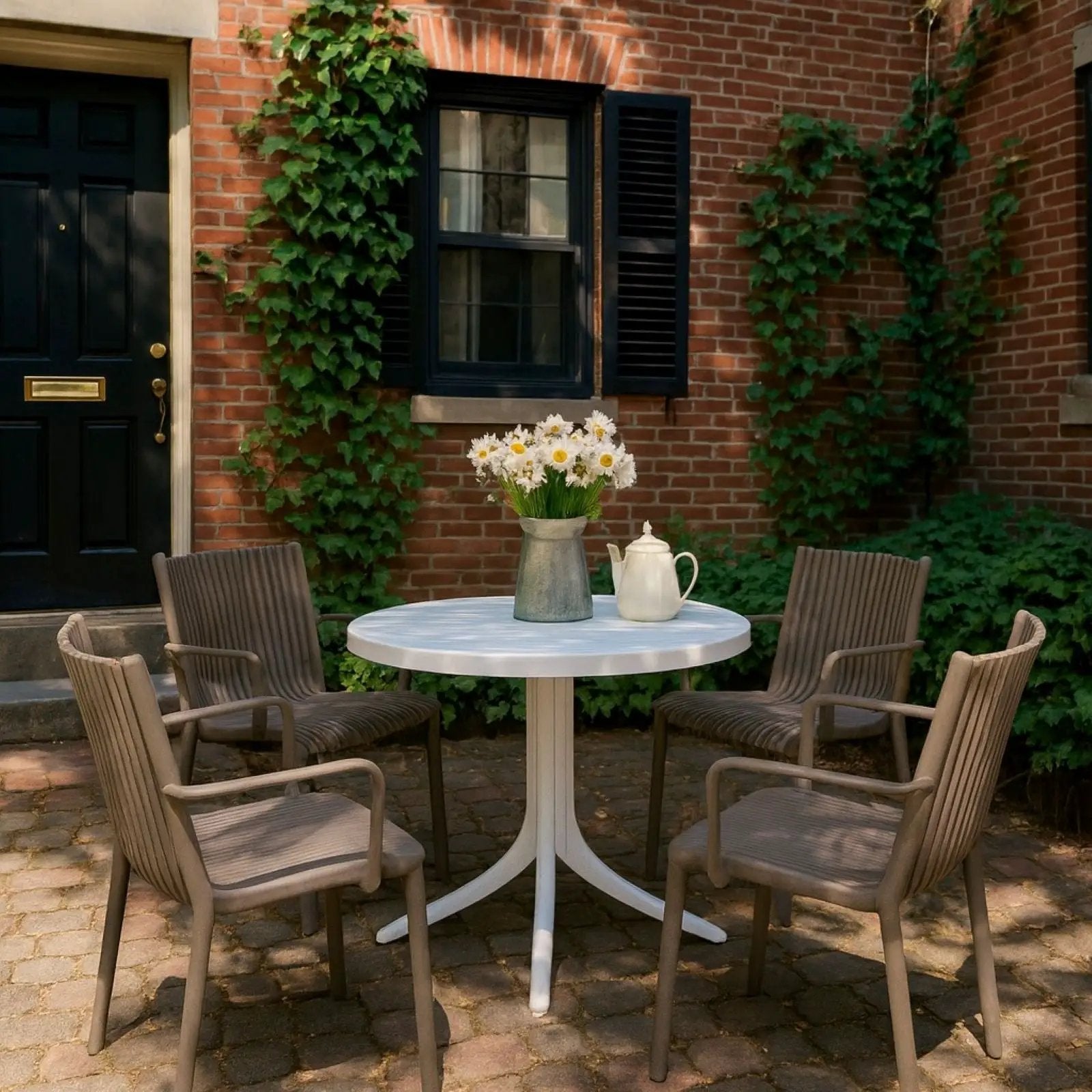 4 Modern Stackable Plastic Armchair Matched With Round Table by Unique Piece Furniture
