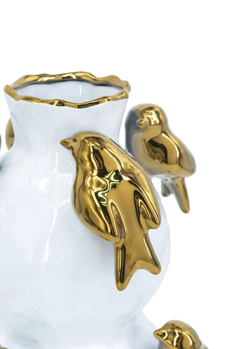 8.5x8.5x14 White Two-Tiered Ceramic Vase with Gold Bird Accents by HouseOfZazla