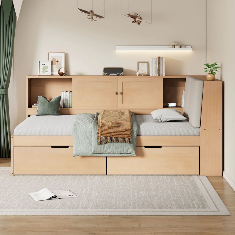 Twin L - Shaped Daybed With Storage Bookcase, Upholstered Headboard, USB Charging Ports & Hidden Drawers - Natural by HouseOfZazla