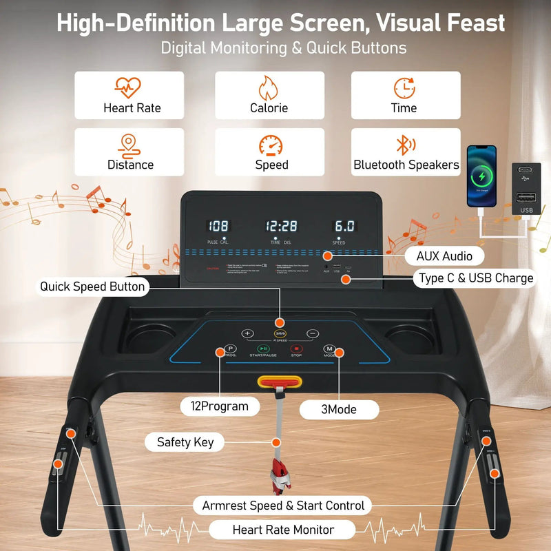 Folding Treadmill for Home, 3.0HP Portable with Bluetooth and Incline by HouseOfZazla