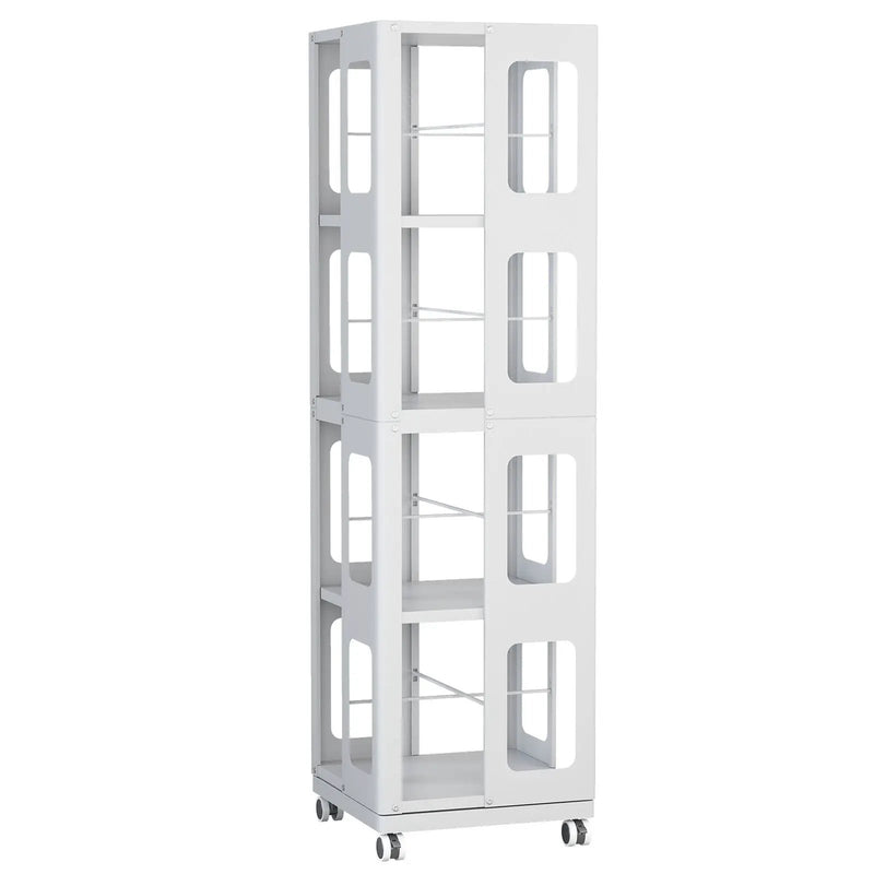 4 Tier All Steel Rotating Bookshelf With 360° Wheels, Large Size Sturdy & Spacious Book Rack, New Style Bookshelf - White by HouseOfZazla