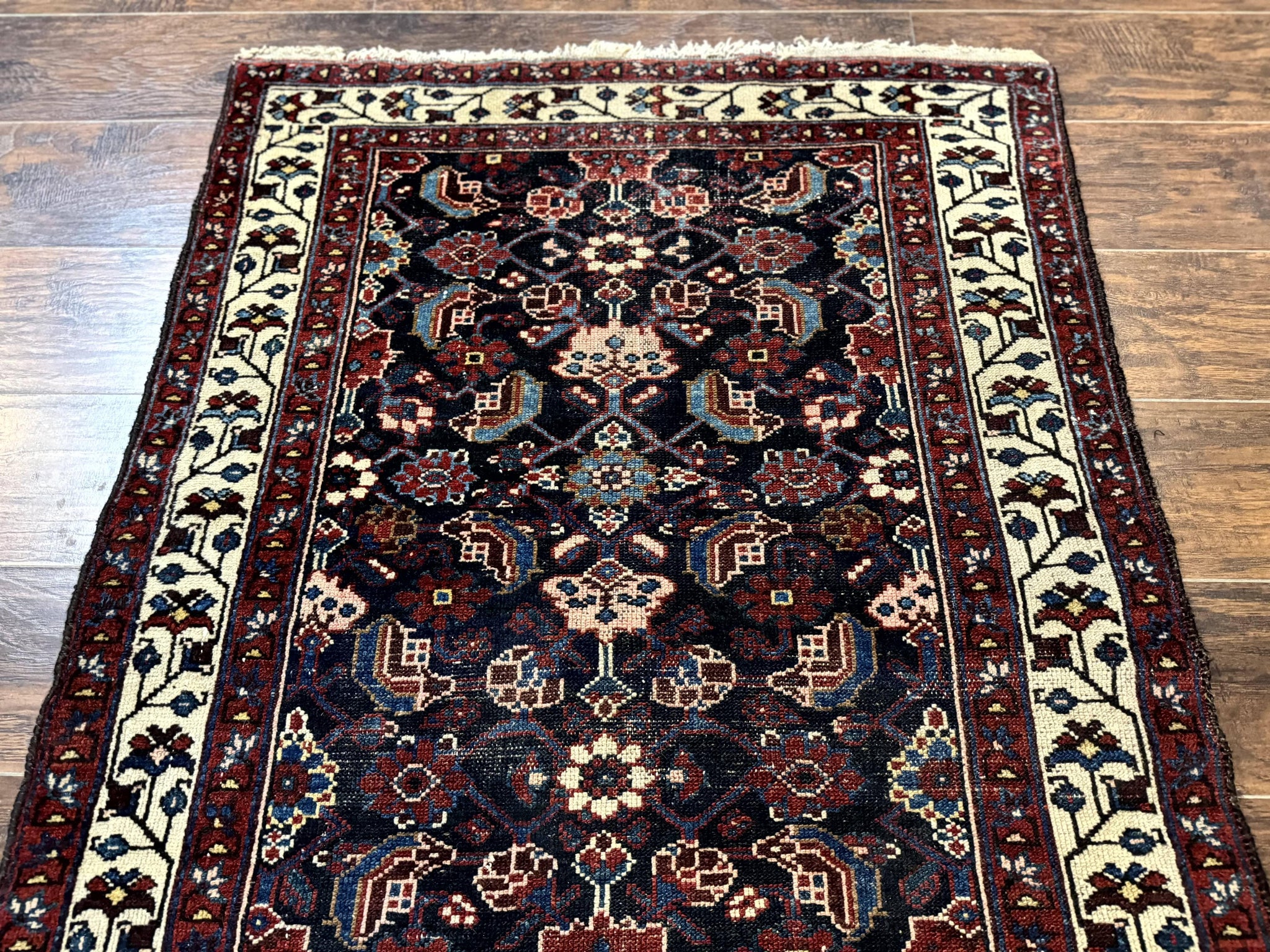 Navy Blue Antique Persian Rug 3x6, Blue and Ivory Persian Carpet, Handmade 1920s Hamadan Rug by Jewel Rugs
