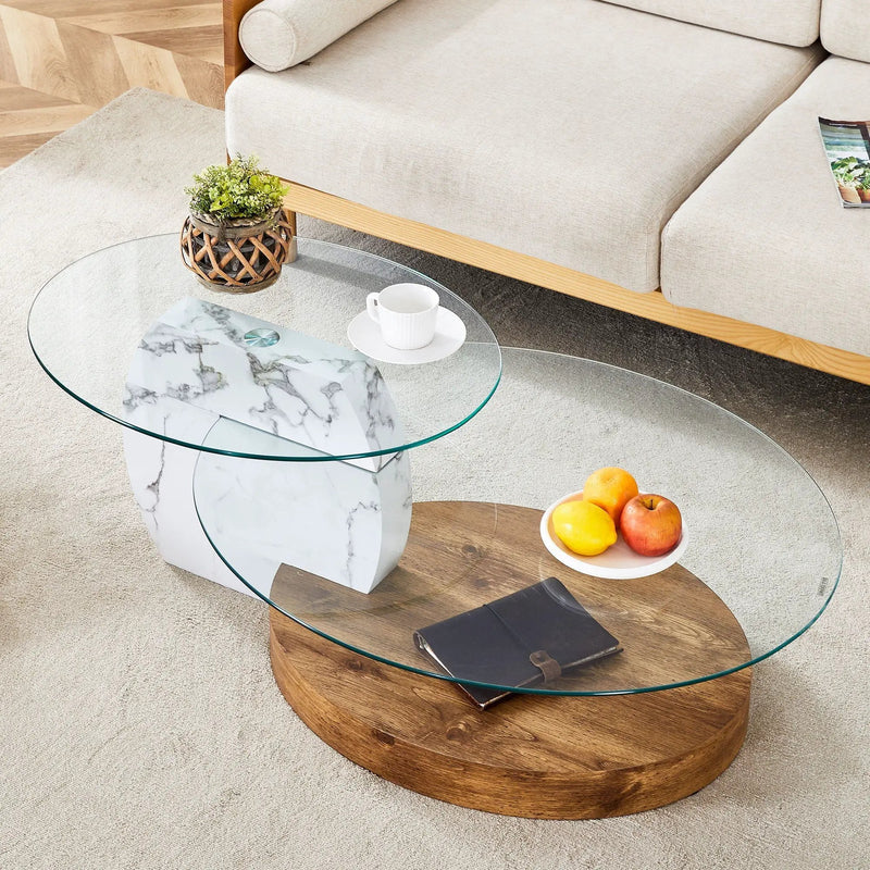 Contemporary Artistic Double Layer Coffee Table, Tempered Glass Top by HouseOfZazla