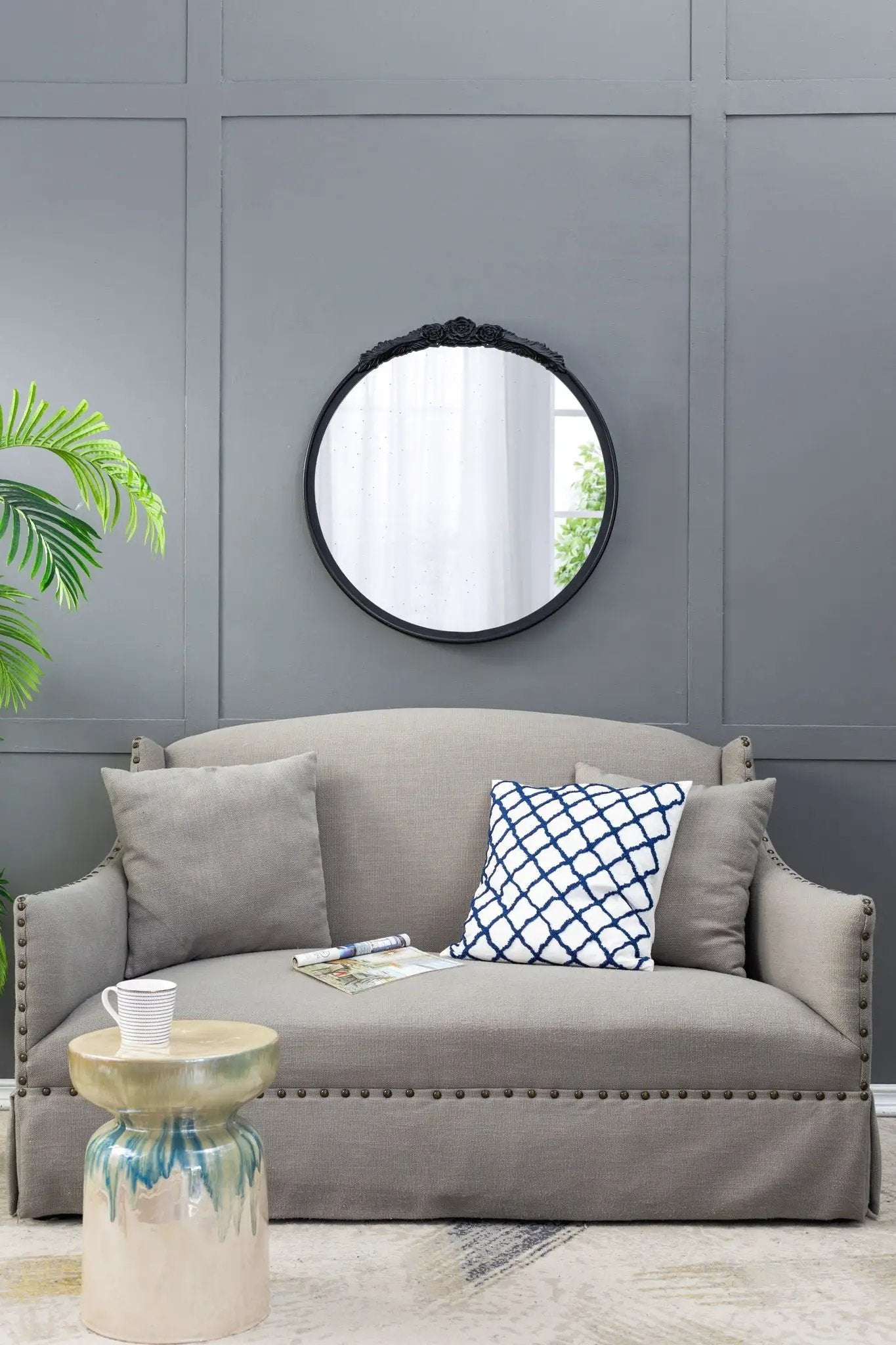 Round Hand Carved Rose Antique Mirror Frame, Wall Mirror For Live Space by Unique Piece Furniture
