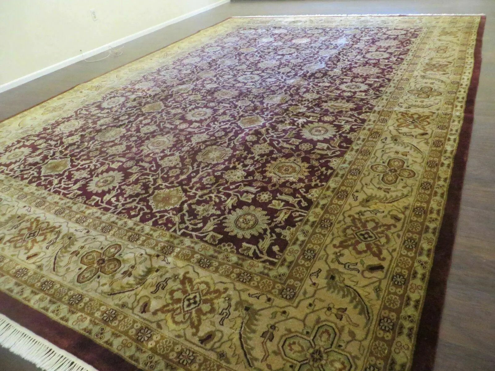 Indian Agra Rug 10x14 Vintage Handmade Larastan Wool Carpet Maroon Floral by Jewel Rugs