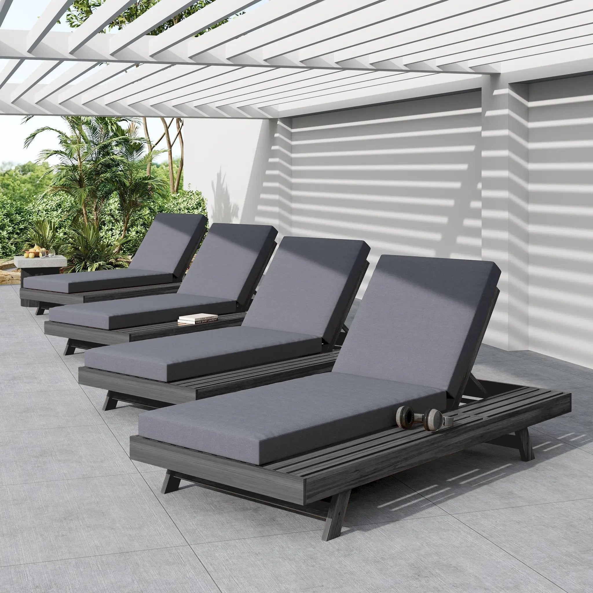 Lounge Chaise Set in Black Acacia Wood with Water-Resistant Cushions by HouseOfZazla