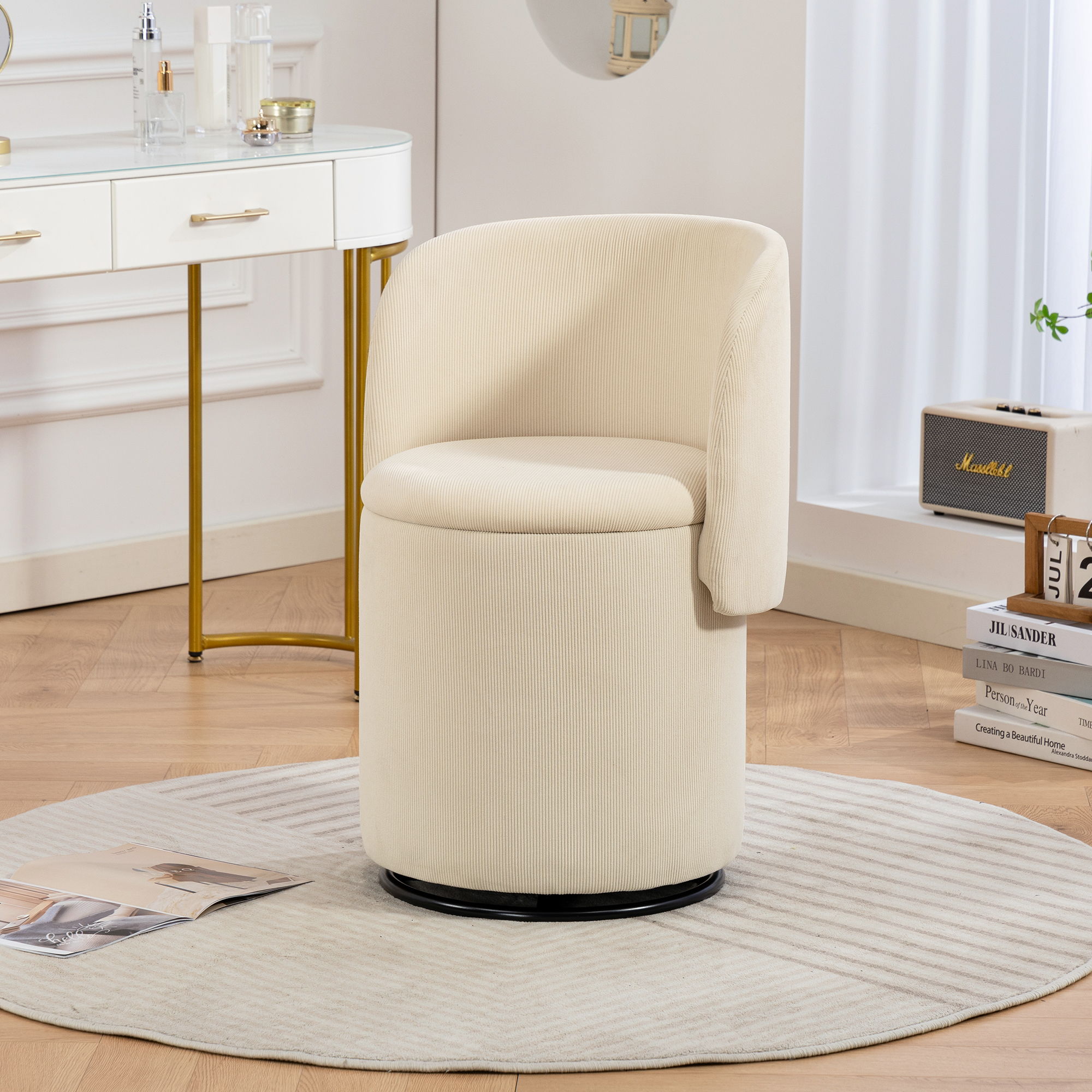 Barrel Chair, Built In Storage, 360° Swivel - Beige by HouseOfZazla
