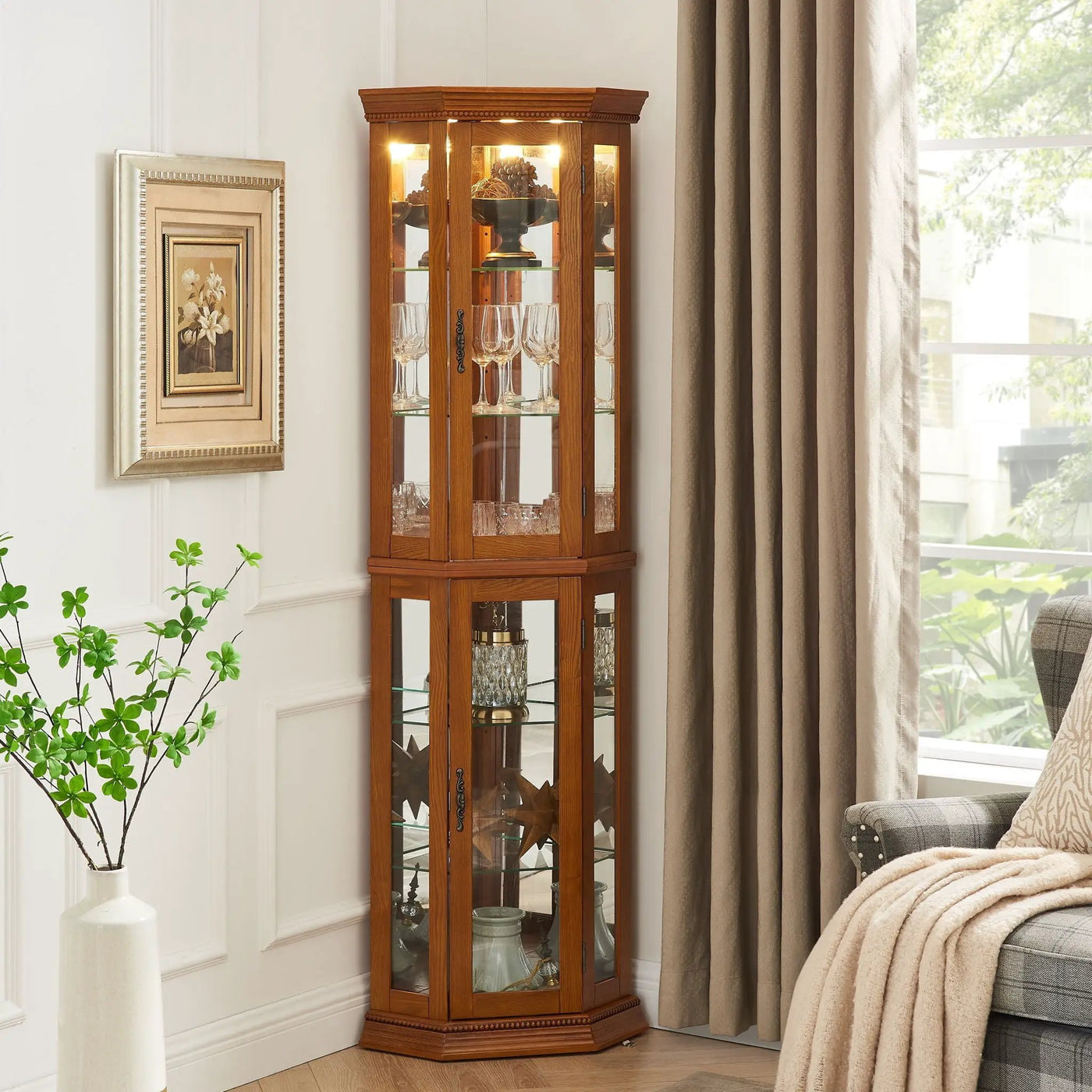 Corner Curio Cabinet With Lights, Adjustable Tempered Glass Shelves, Mirrored Back, Display Cabinet (E26 Light Bulb Not Included) by Unique Piece Furniture