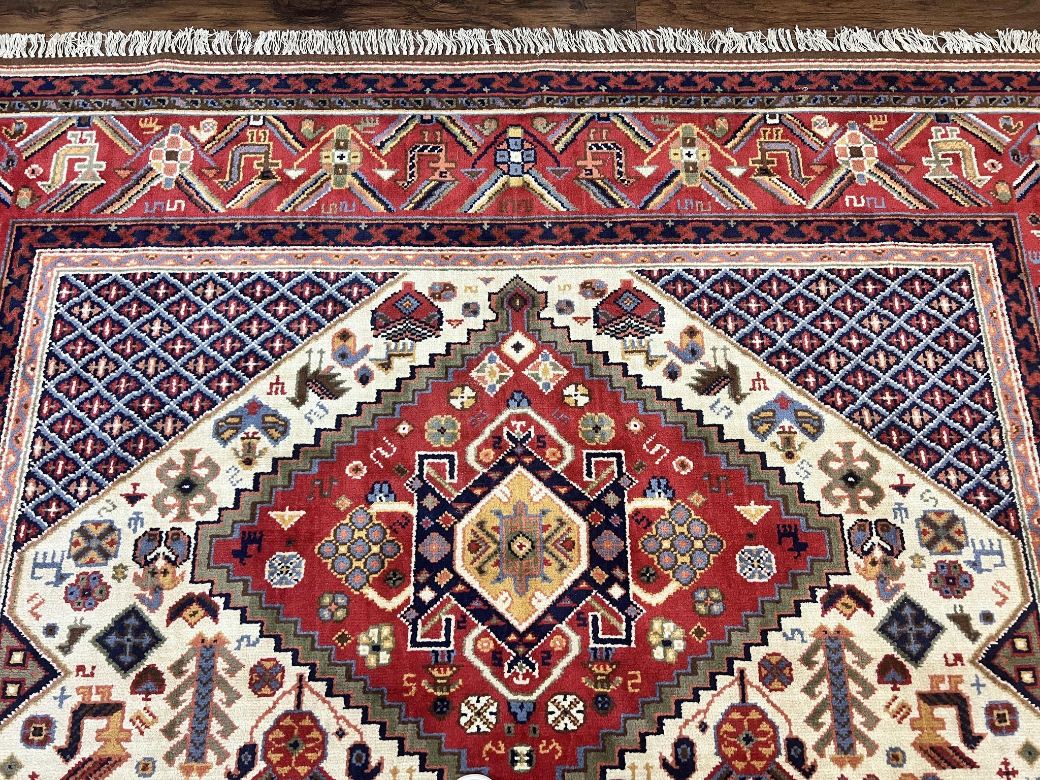 Belgium Power Loomed Rug 8x12, Geometric Medallions Persian Tribal Pattern, Vintage Wool Carpet, Ivory Red Blue by Jewel Rugs