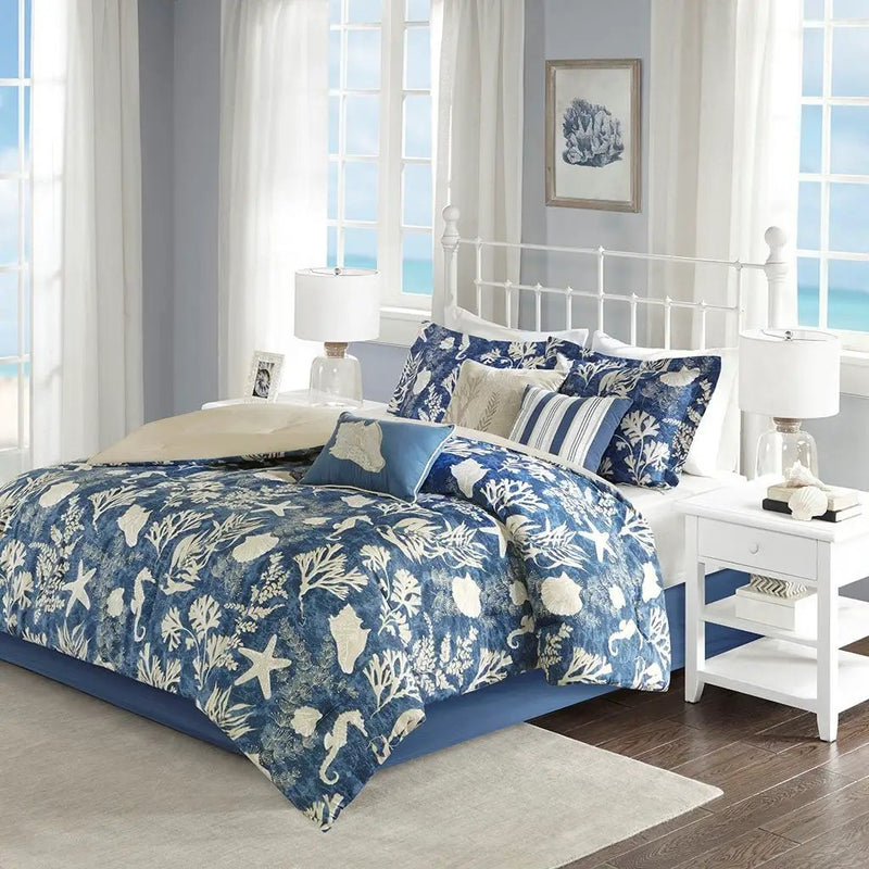 7 Piece Cotton Sateen Comforter Set Blue Cal King by HouseOfZazla