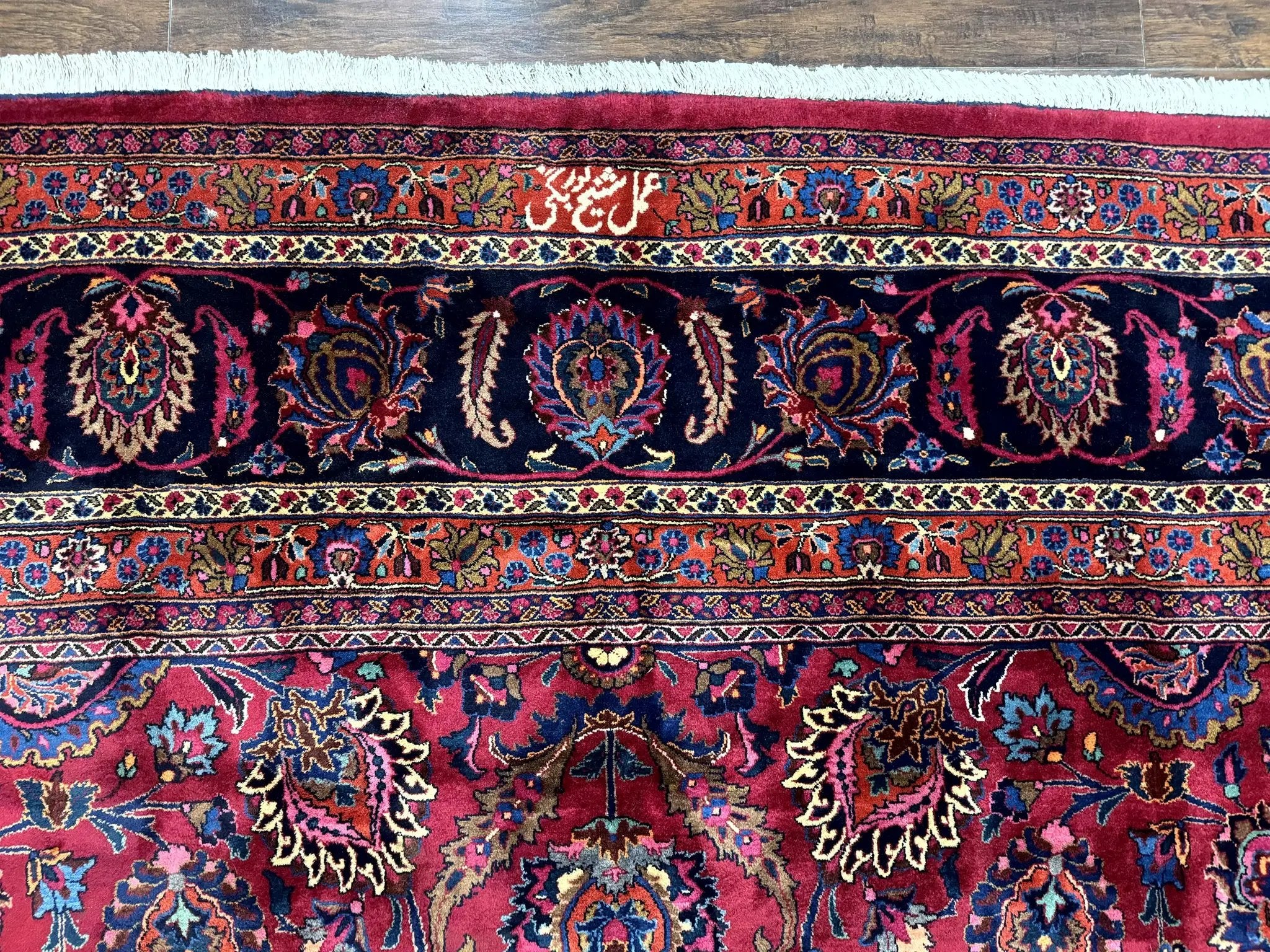 Palace Size Persian Mashad Rug 12x16, Raspberry and Navy Blue, Signature from Master Weaver, Antique Handmade Large Wool Carpet by Jewel Rugs