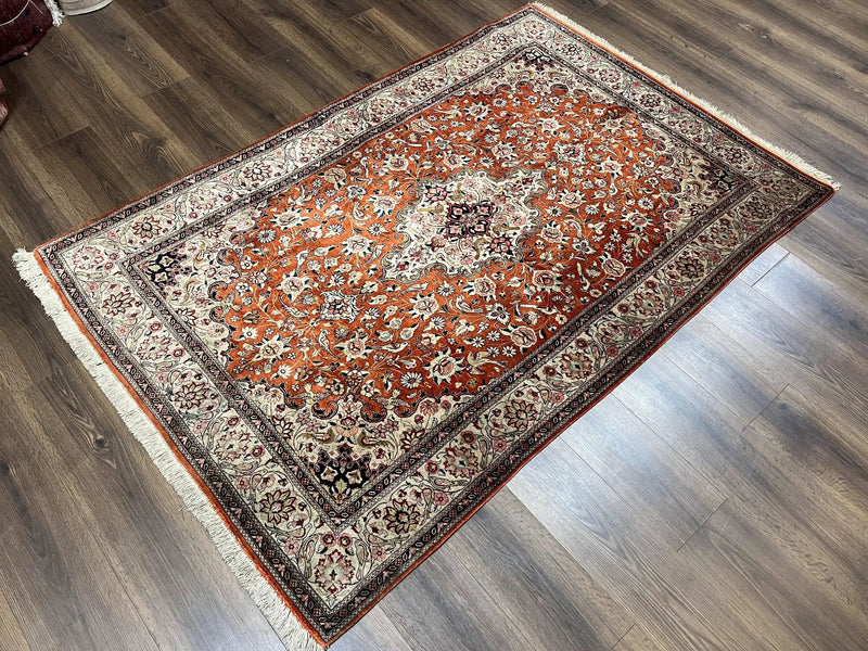Persian Qum Silk Rug 5x7 - Floral Medallion, Birds, Orange-Red by Jewel Rugs