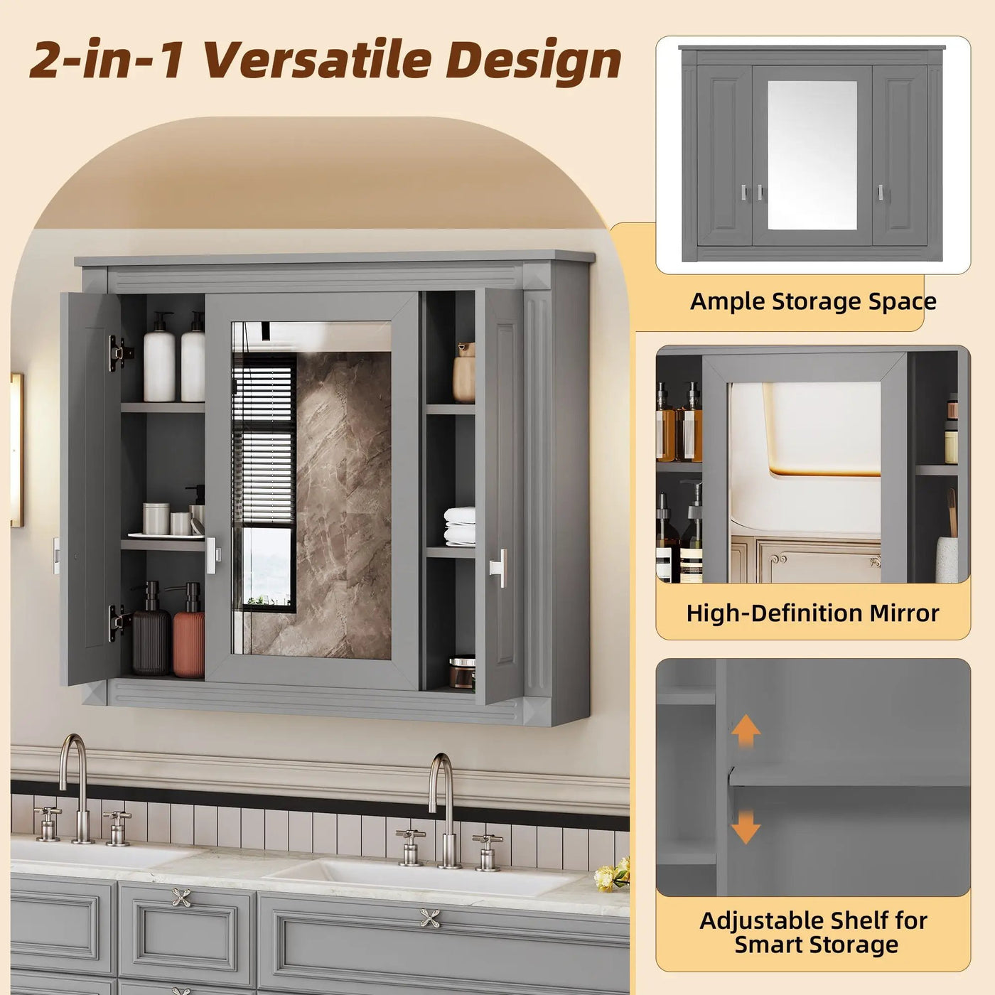 Wall Mounted Bathroom Cabinet With Mirror And 5 Shelves, Rectangular Design by Unique Piece Furniture
