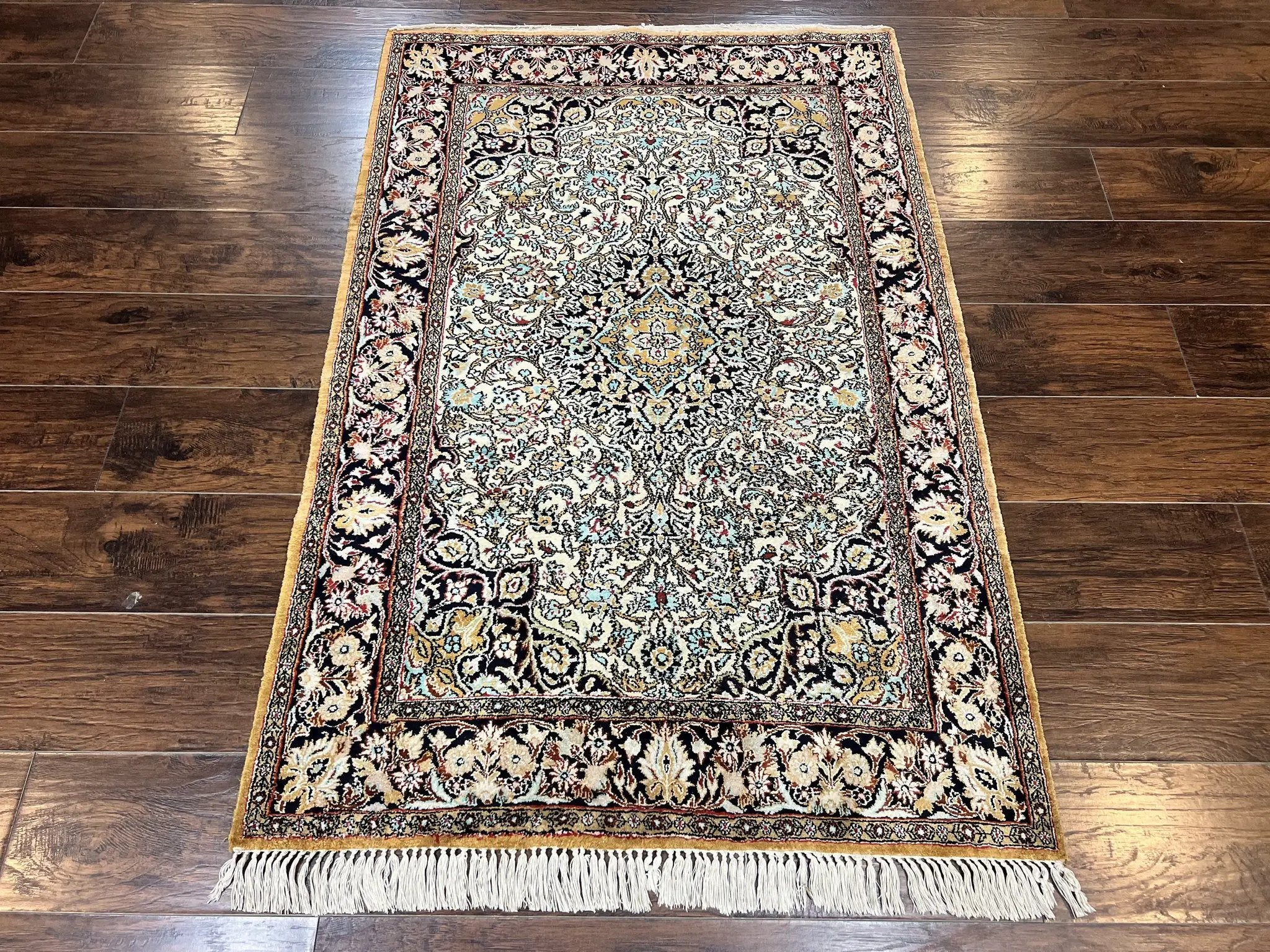 Silk Persian Qum Rug 4x5, Hand Knotted Vintage Carpet, Cream & Navy Blue, Silk Pile on Silk Foundation, Very Fine 360 KPSI by Jewel Rugs