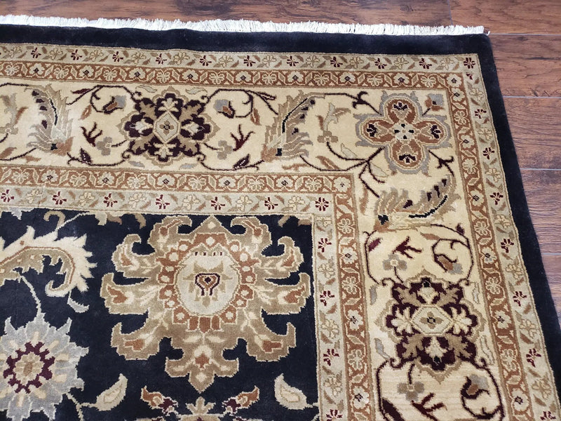 Indo Mahal Rug 8x12, Indian Sultanabad Handmade Area Rug, Vintage Hand-Knotted Wool Black Floral Traditional Oriental Dinning Room Rug by Jewel Rugs
