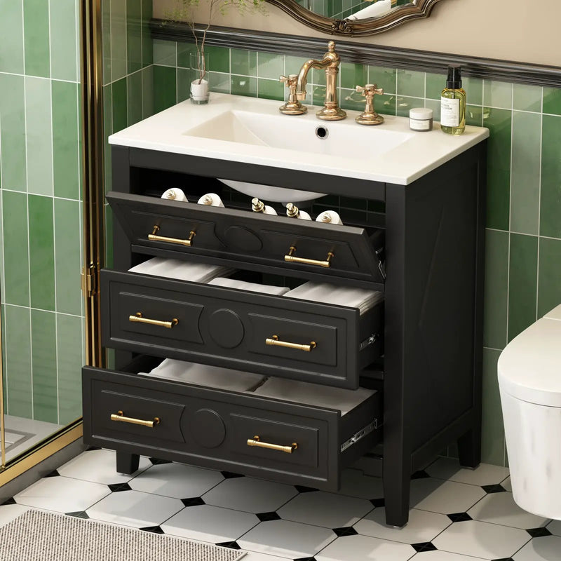 Retro Bathroom Vanity With Sink Combo, Free Standing Single Set With 3 Drawers