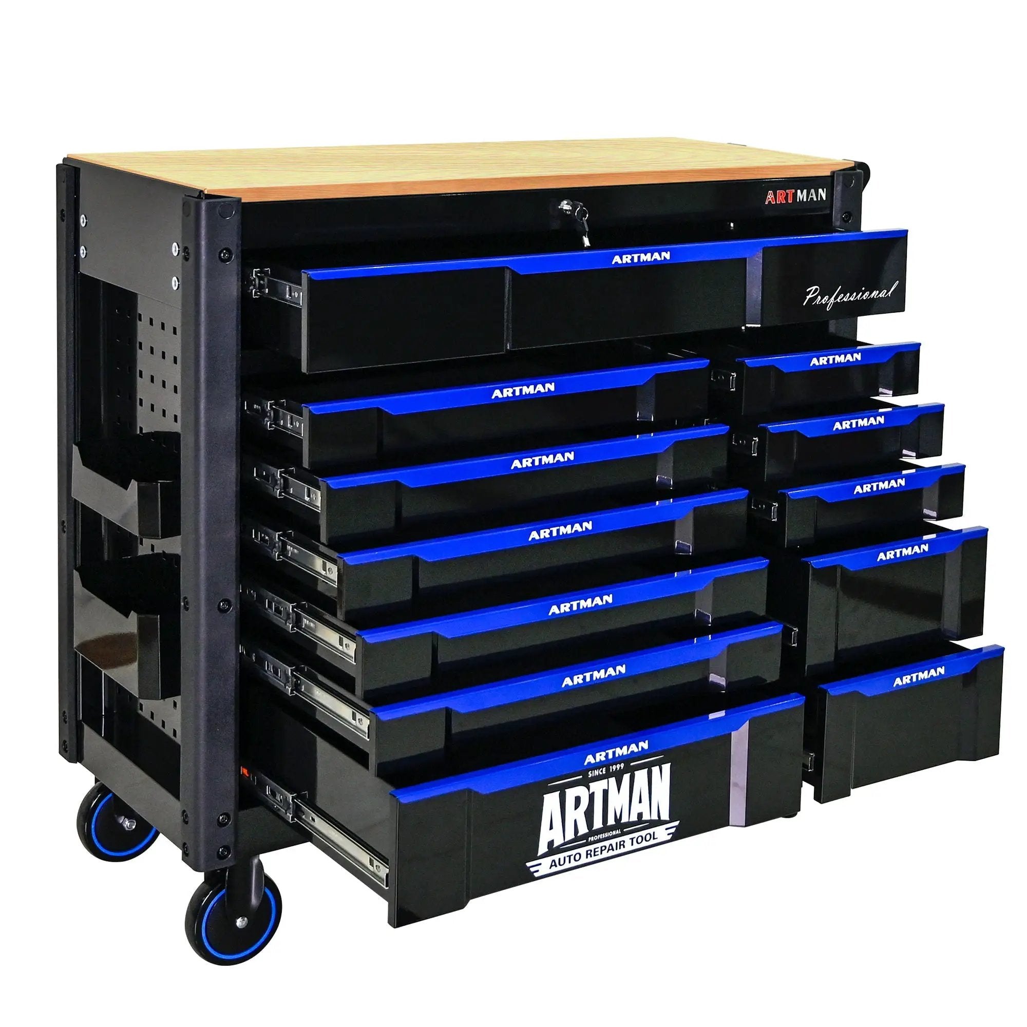 12 Layer Drawer Multi Purpose Tool Cart With Wheels And Wooden Countertops - Black / Blue by HouseOfZazla