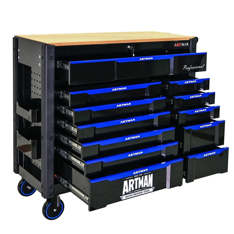 12 Layer Drawer Multi Purpose Tool Cart With Wheels And Wooden Countertops - Black / Blue by HouseOfZazla
