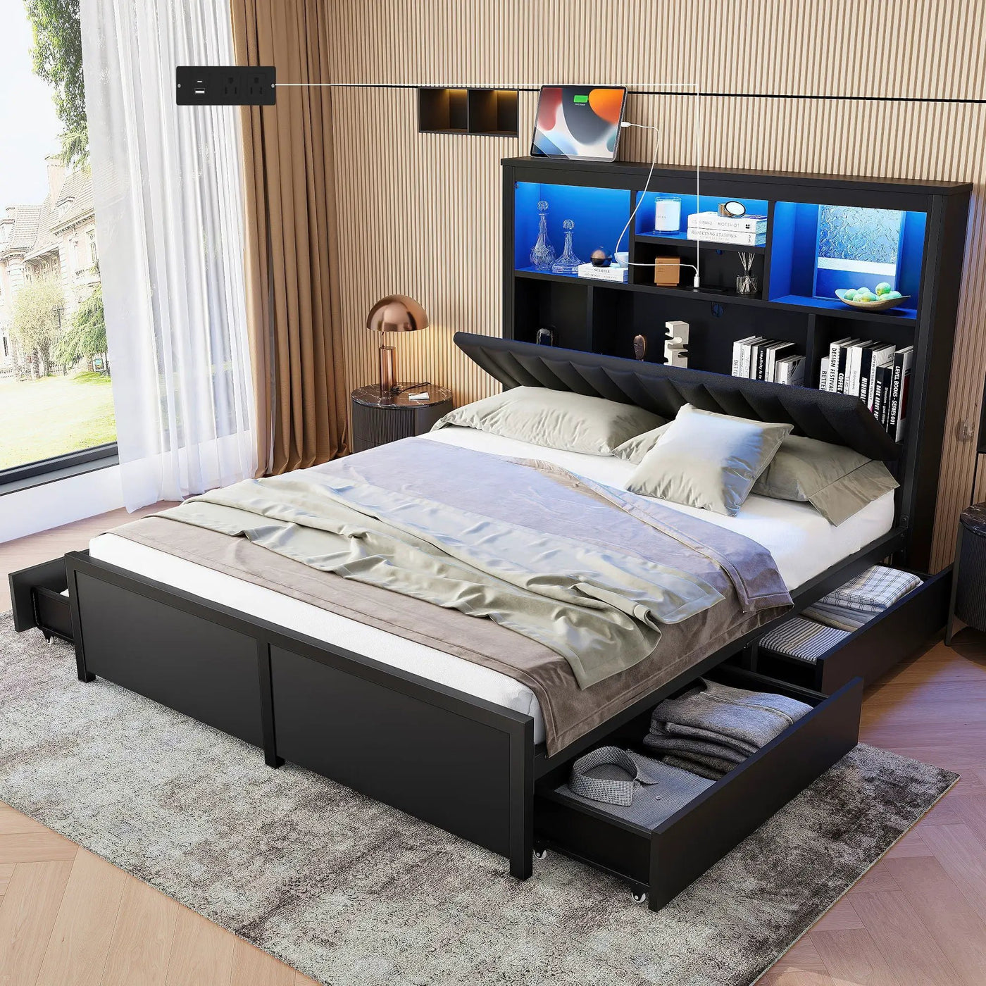 Bed Frame With High Storage Headboard, LED Light And Charging Station, 4 Storage Drawers by Unique Piece Furniture