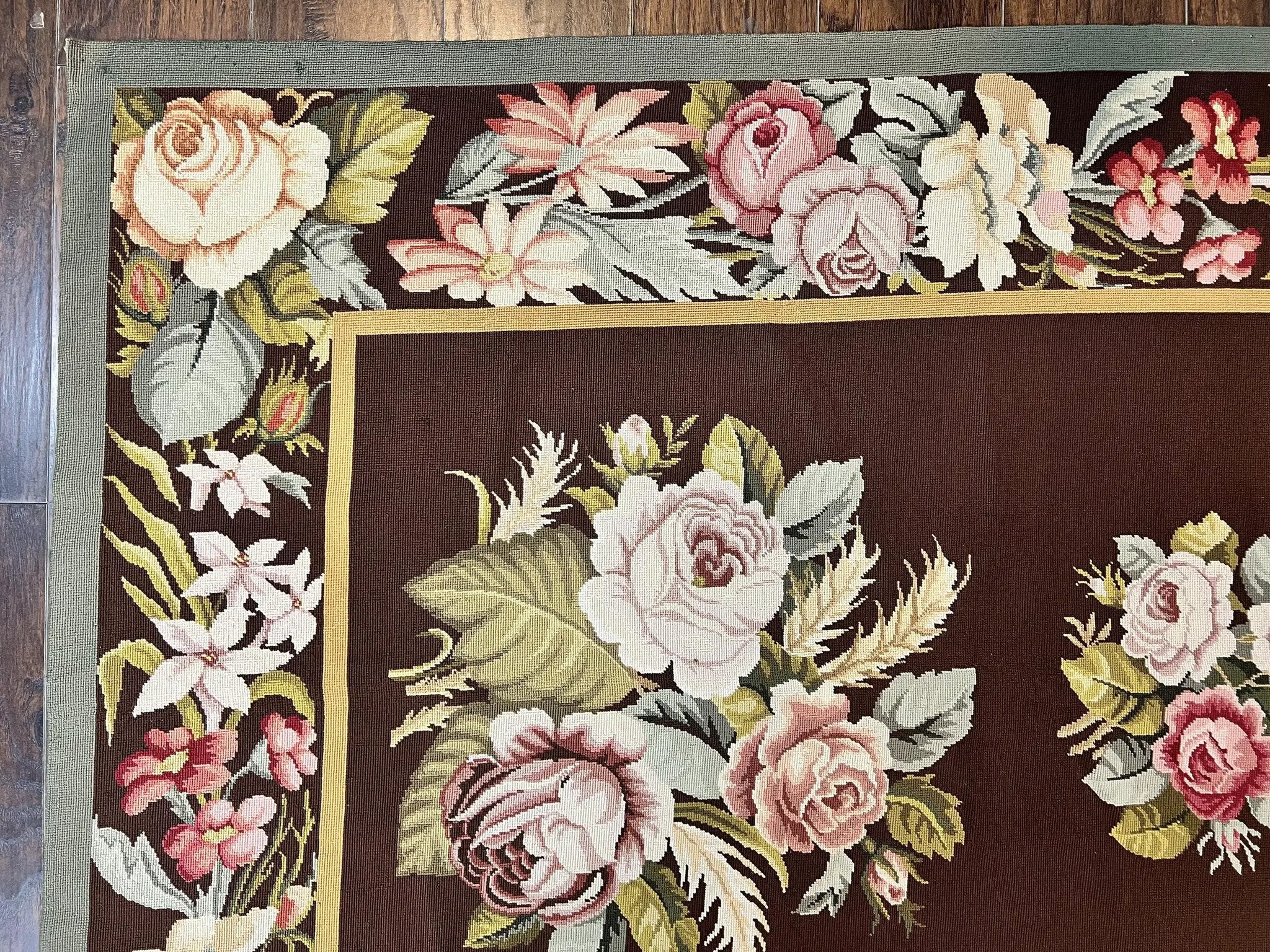 Vintage Needlepoint Rug 9x12, Large Handmade Hand-woven Needlepoint Carpet, Brown Area Rug, Floral Bouquets, Wool Rug, European Design by Jewel Rugs