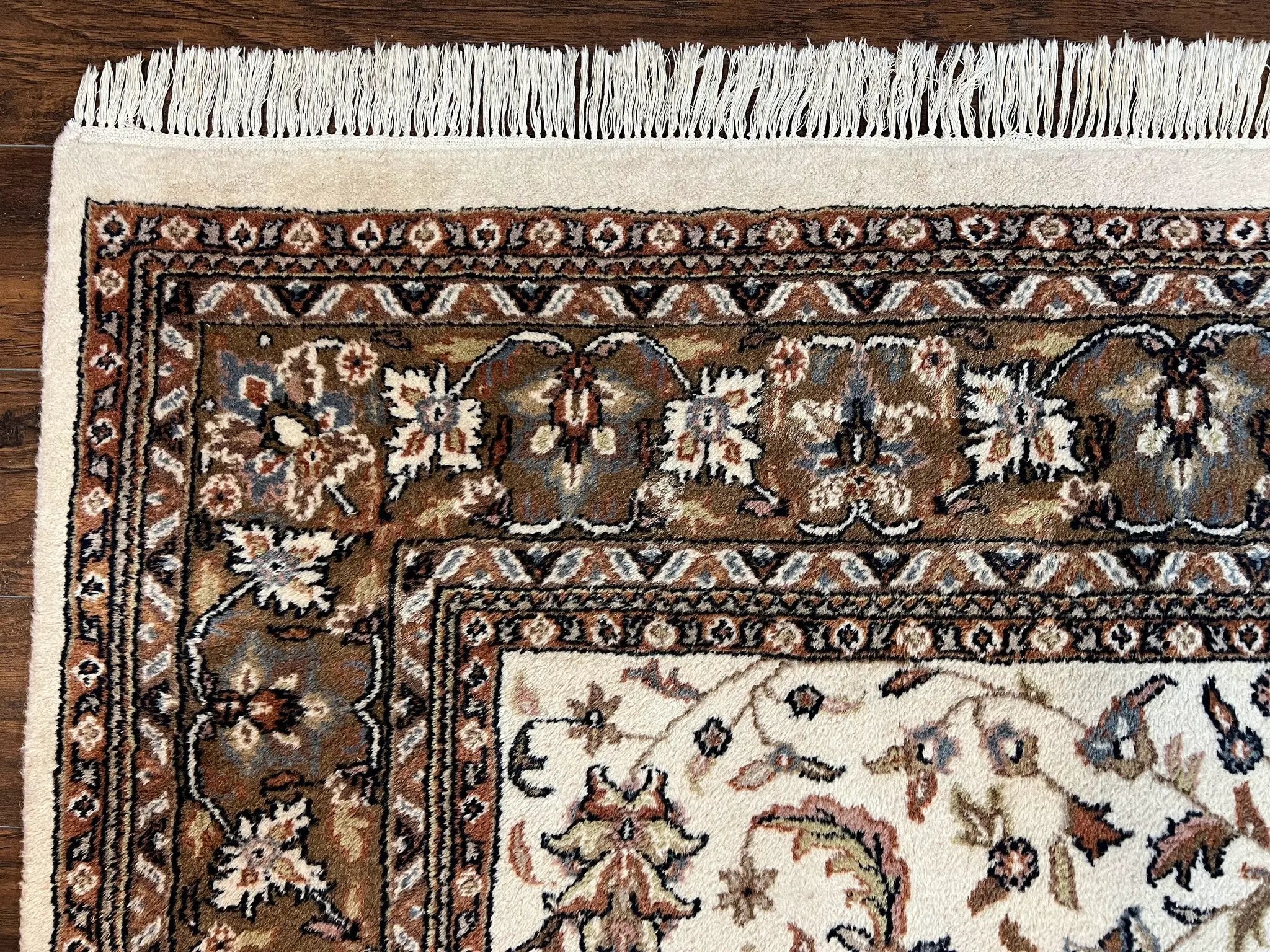 Indo Kirman Rug 8x12 Allover Floral Design, Ivory/Cream Brown, Vintage Handmade Hand Knotted Rug, Traditional Wool Persian Carpet 8 x 12 by Jewel Rugs