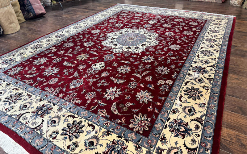 Pak Persian Rug 9x12, Maroon and Ivory, Wool Handmade Vintage by Jewel Rugs