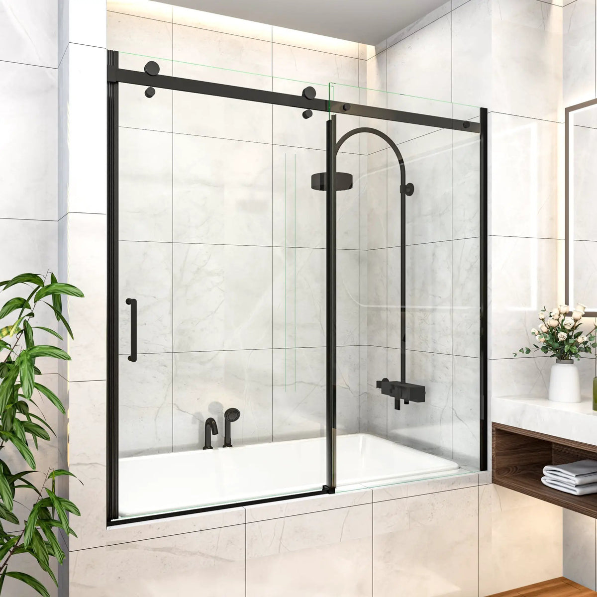 Mod Semi-Frameless Sliding Bathtub Door in Matte Black