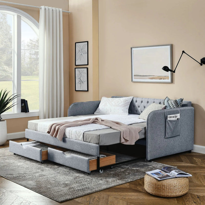 Daybed With Trundle And Storage Drawers, Flat Arms With Pocket by Unique Piece Furniture