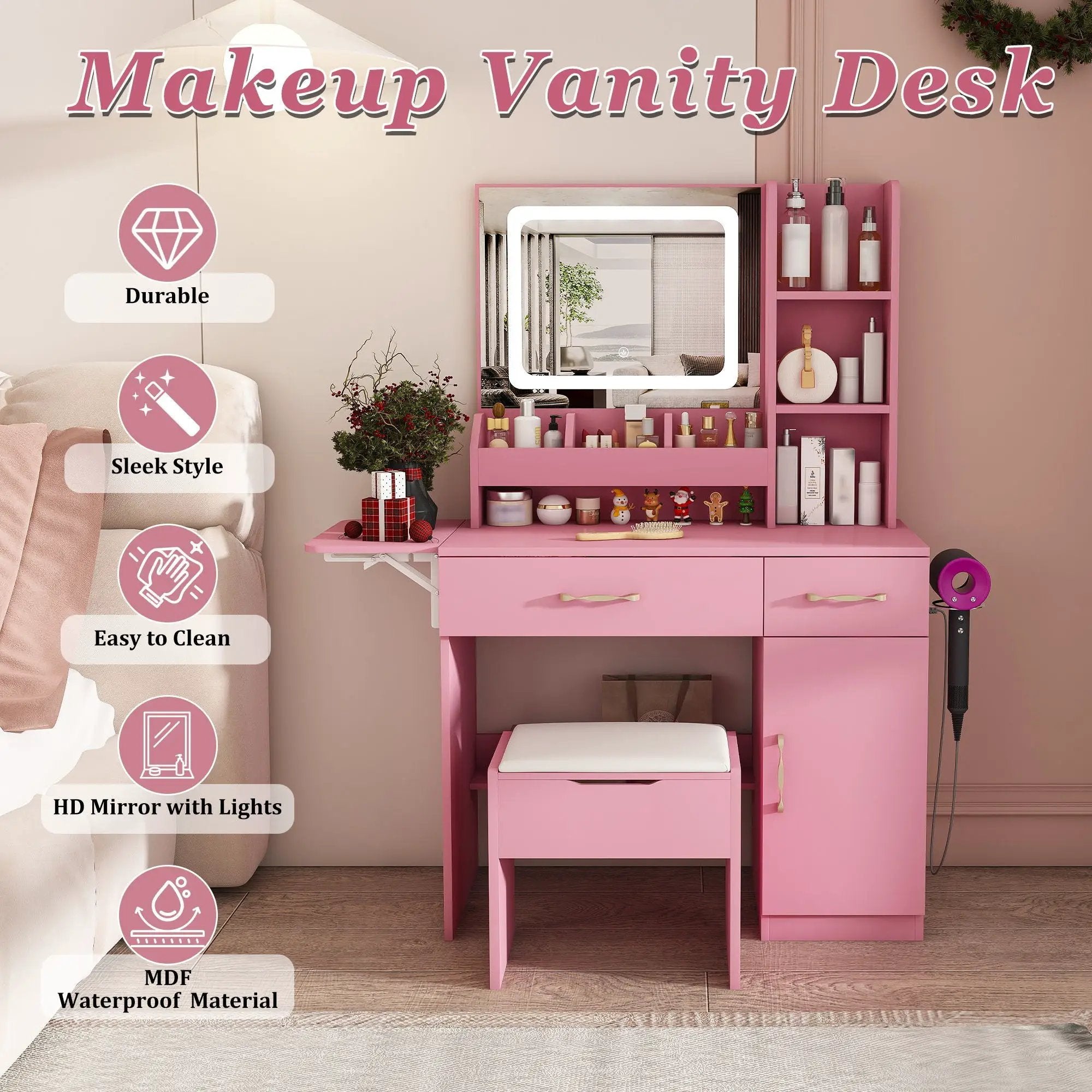 Vanity Desk With LED Mirror Lights And Power Outlet Charging Station, 3 Drawers, 7 Shelves, Storage Stool - Pink by Unique Piece Furniture