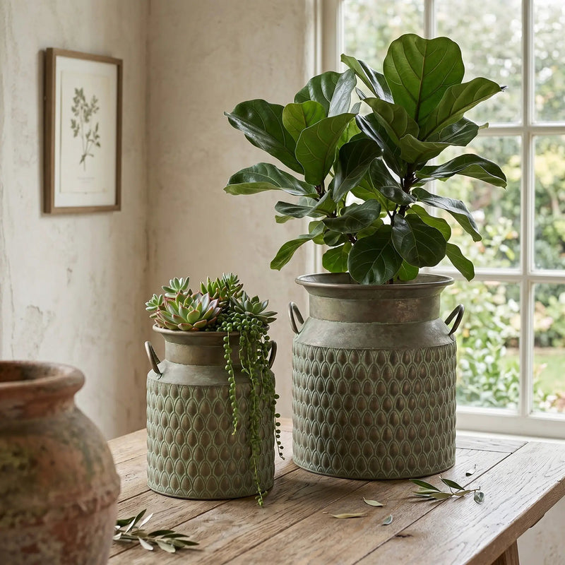 S/2 Iron Milk Jug Planters with Textured Green Finish by HouseOfZazla