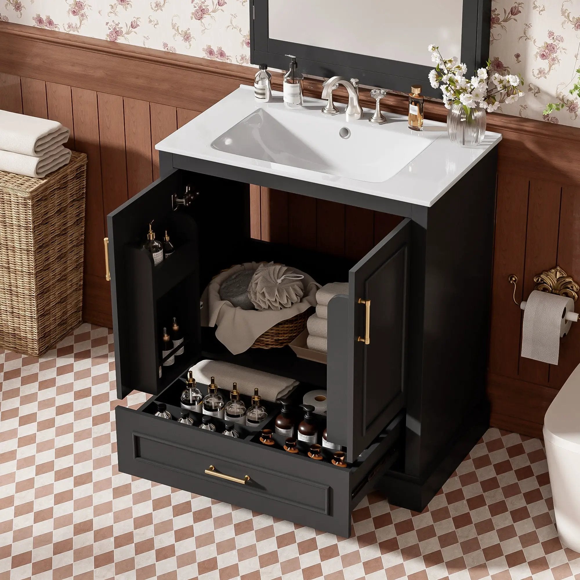Bathroom Vanity With Sink, 1 Divided Drawer And 2 Soft Close Doors With Double Shelf by Unique Piece Furniture