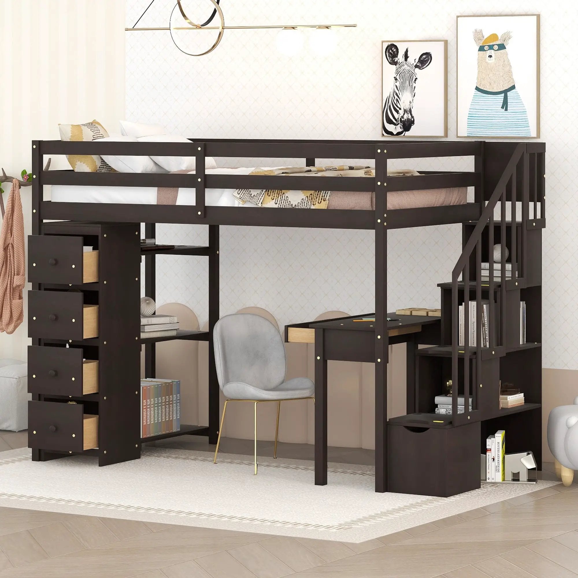 Loft Bed With Storage Drawers, Desk And Stairs With Shelves by Unique Piece Furniture