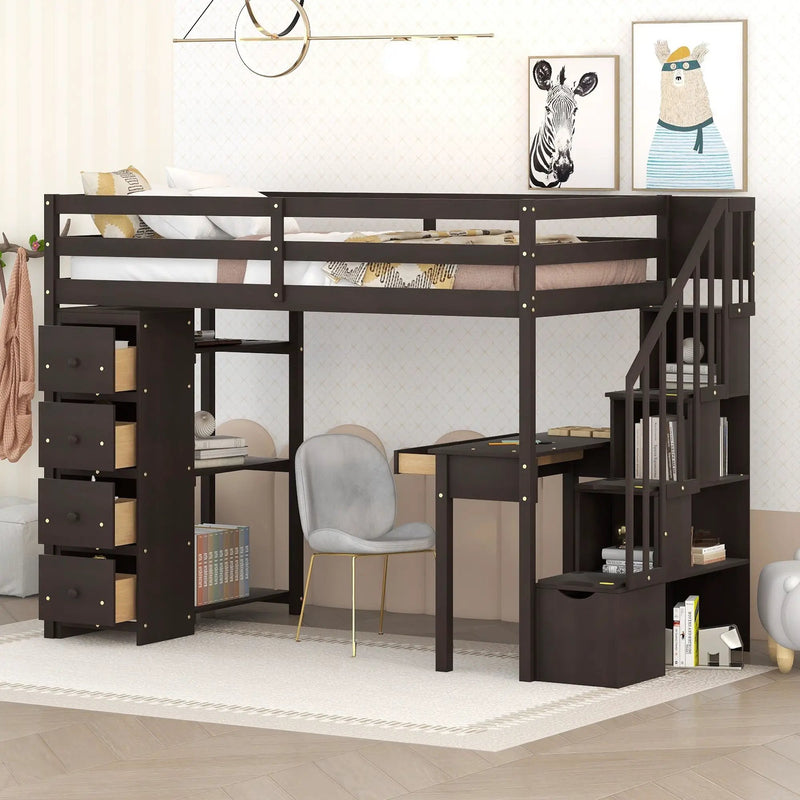 Loft Bed With Storage Drawers, Desk And Stairs With Shelves by Unique Piece Furniture