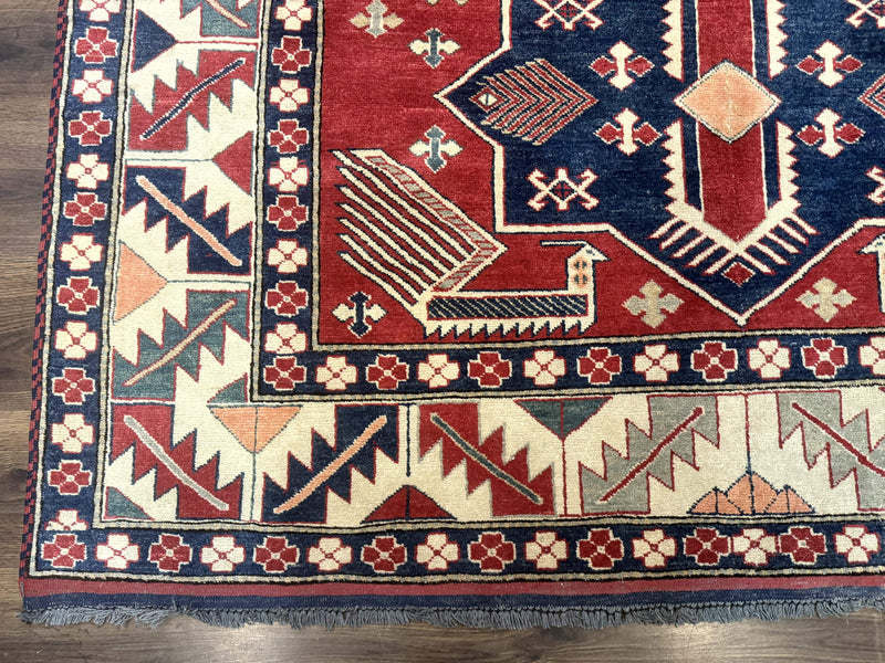 Turkish Kazak Rug 6x8, Caucasian Design, Geometric Medallions, Red Blue Beige by Jewel Rugs