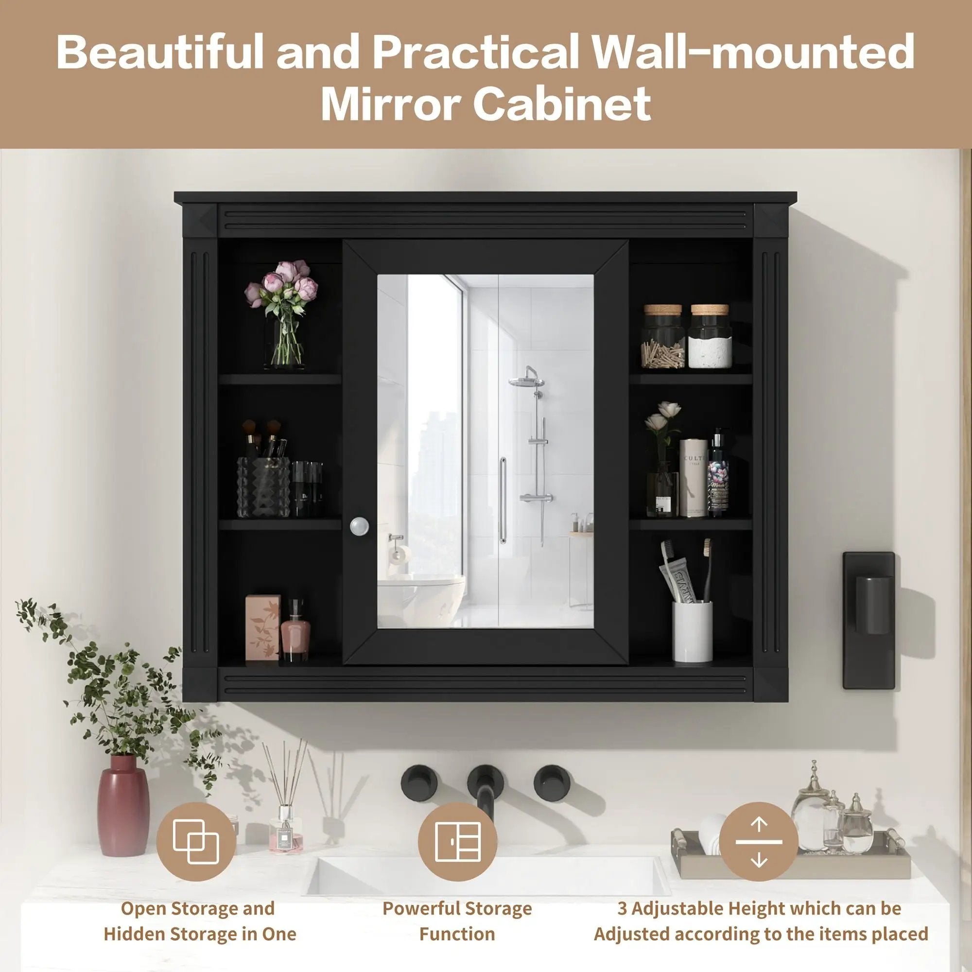 Wall-Mounted Bathroom Storage Cabinet With Mirror, 6 Open Shelves - Black by Unique Piece Furniture
