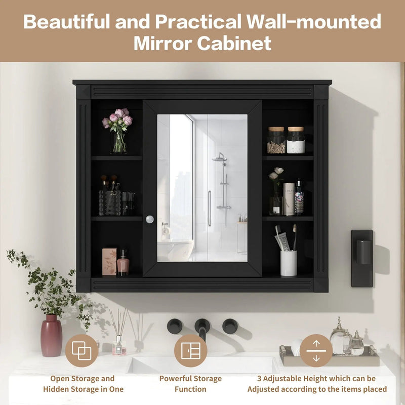 Wall-Mounted Bathroom Storage Cabinet With Mirror, 6 Open Shelves - Black by Unique Piece Furniture