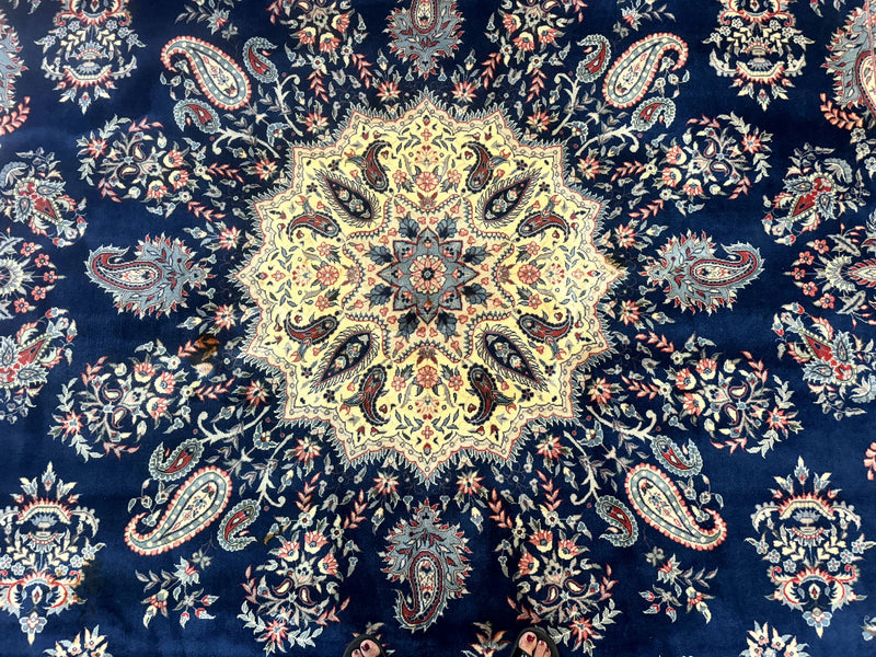 Sino Persian Kerman Rug 10x14, Blue and Beige, Floral Medallion, Fine 240 KPSI by Jewel Rugs