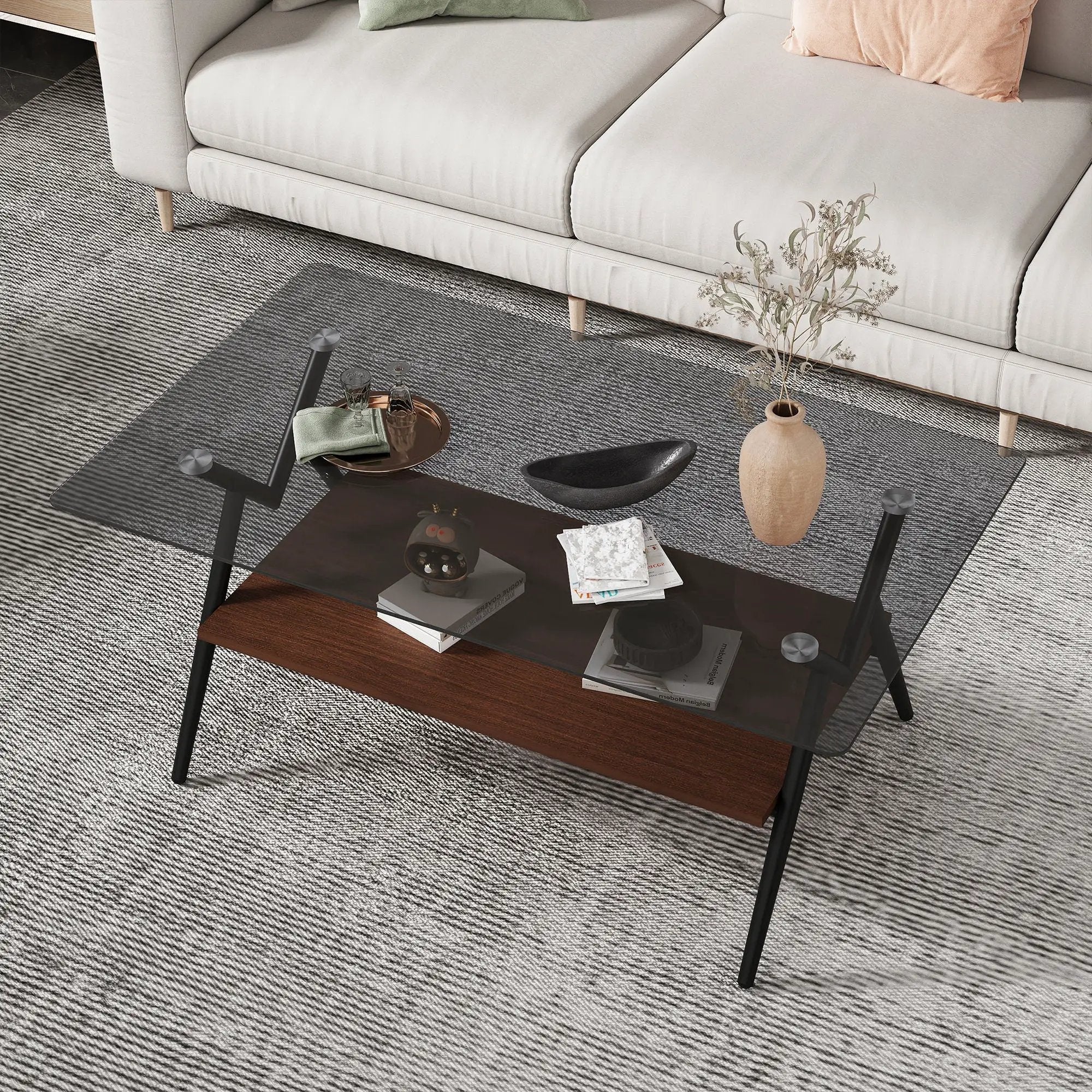 Rectangle Coffee Table With Tempered Glass Top And Shelf, Modern Table For Living Room