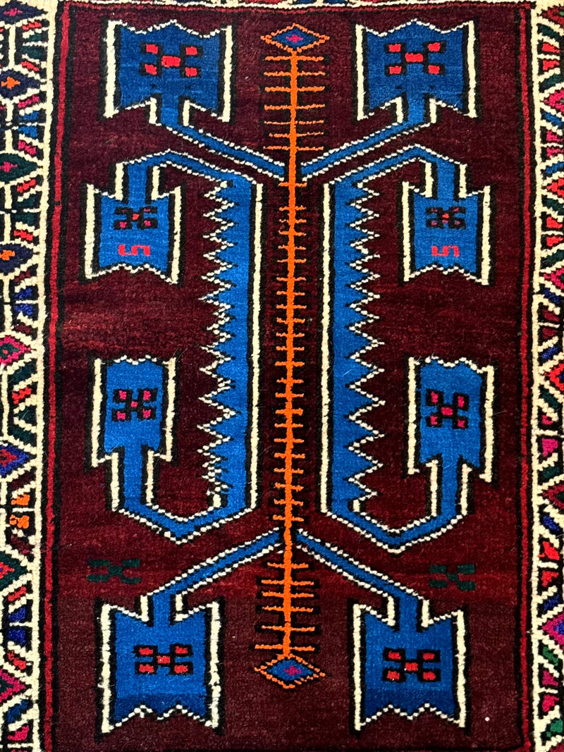 Persian Tribal Rug 1.8 x 2, Small Balouchi Rug, Unique Design, Burgundy and Blue by Jewel Rugs