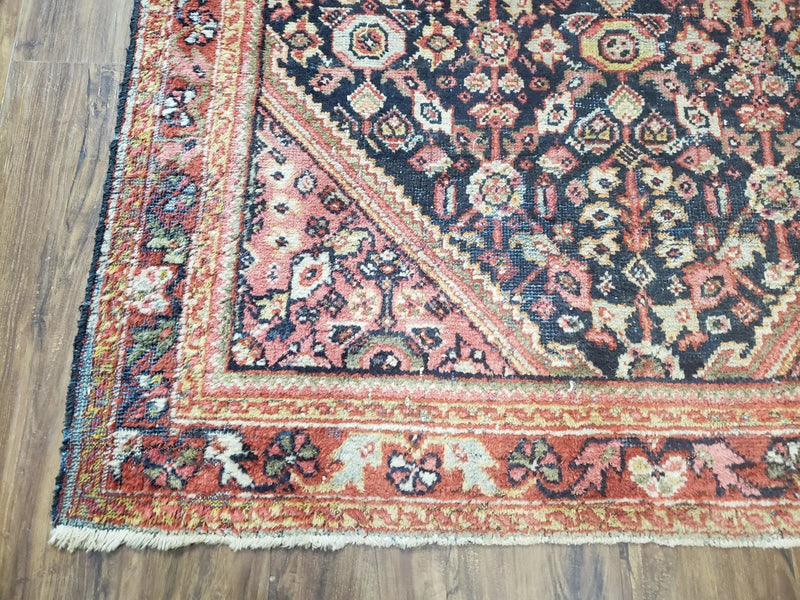 Antique Persian Mahal Area Rug 4.4 x 6.6, Wool Hand-Knotted Shabby Chic Oriental Rug, Red Black 1930s Foyer Room Carpet, Low Pile Boho Rug by Jewel Rugs
