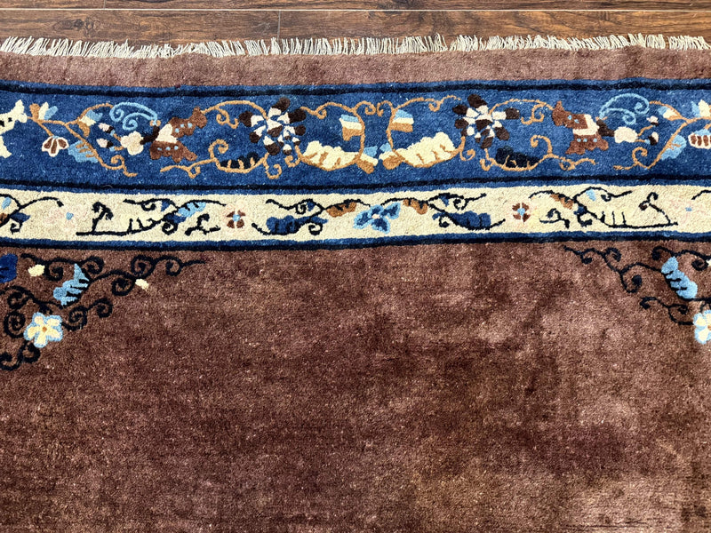 Antique Chinese Wool Rug 9x11, Large Chinese Art Deco Rug, Peking Rug, Brown and Blue, Open Field, Fete Rug by Jewel Rugs