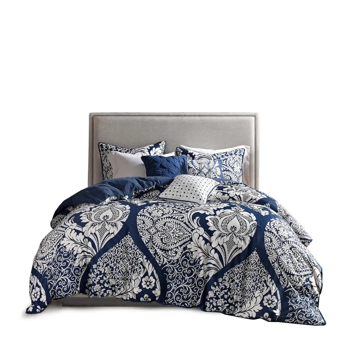 7 Piece Cotton Printed Comforter Set Indigo Queen by HouseOfZazla