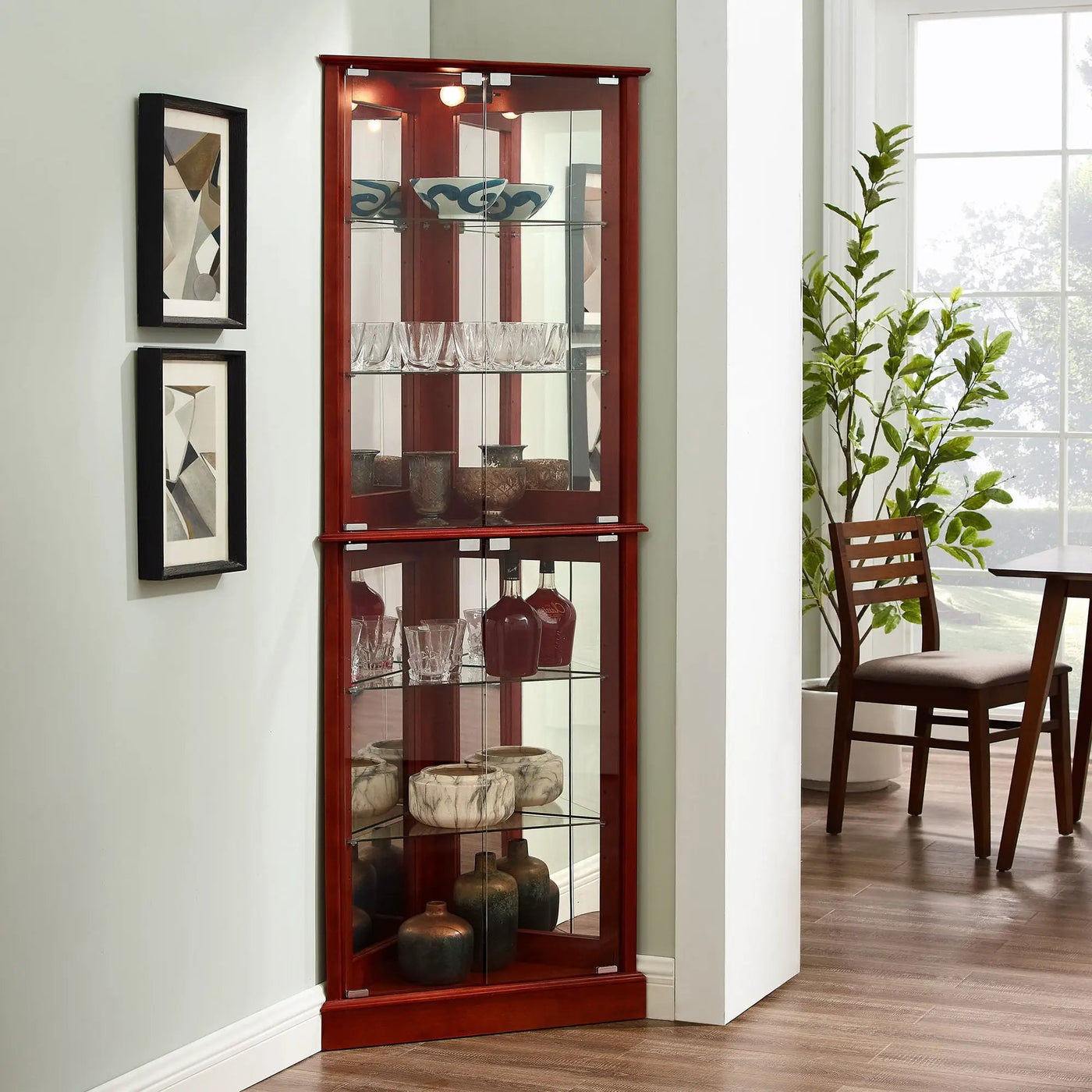 Corner Curio Dispaly Cabinet With Lights, Adjustable Tempered Glass Shelves, Mirrored Back (E26 Light Bulb Not Included) by Unique Piece Furniture