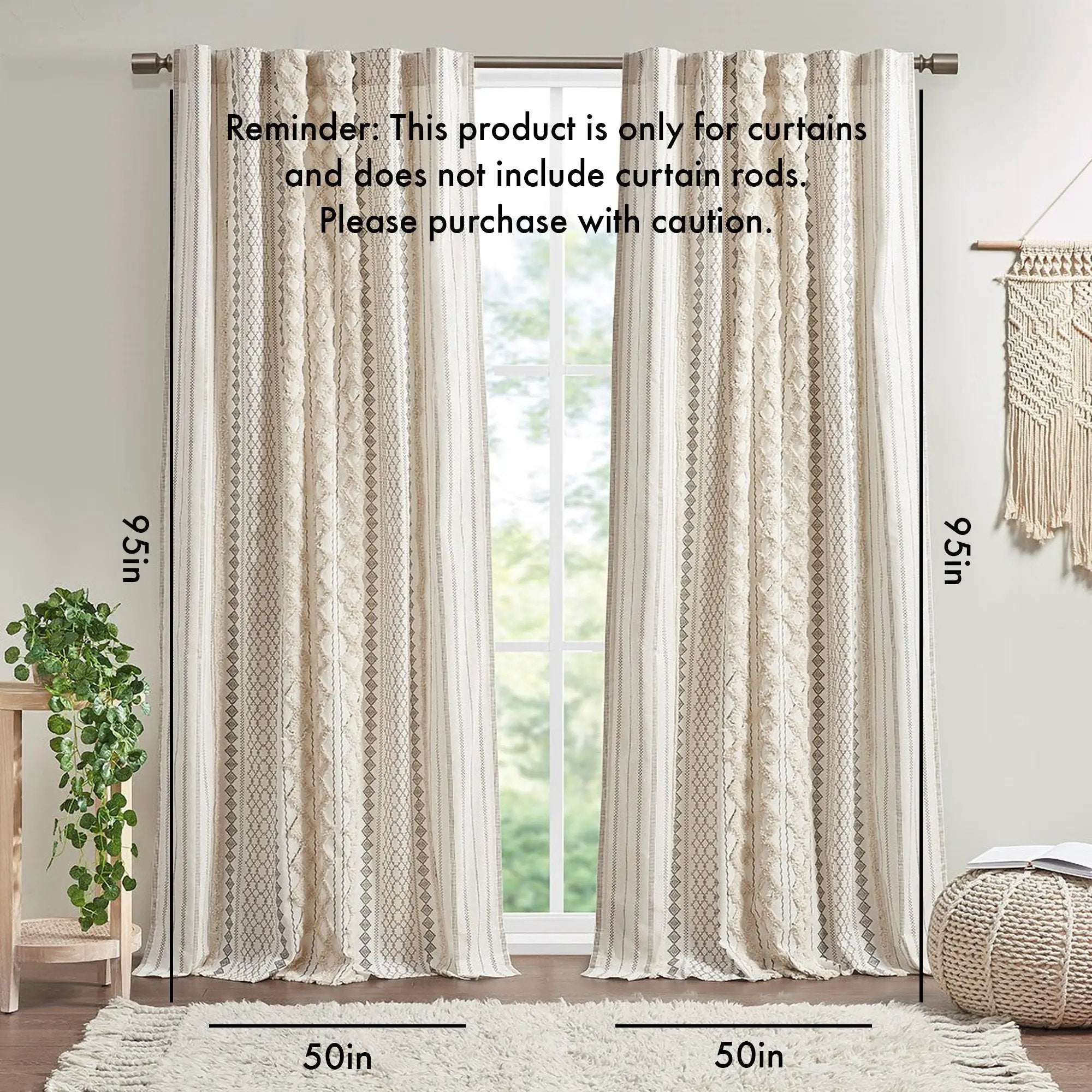 Cotton Printed Curtain Panel with Chenille Stripe and Lining Ivory 50x95 by HouseOfZazla