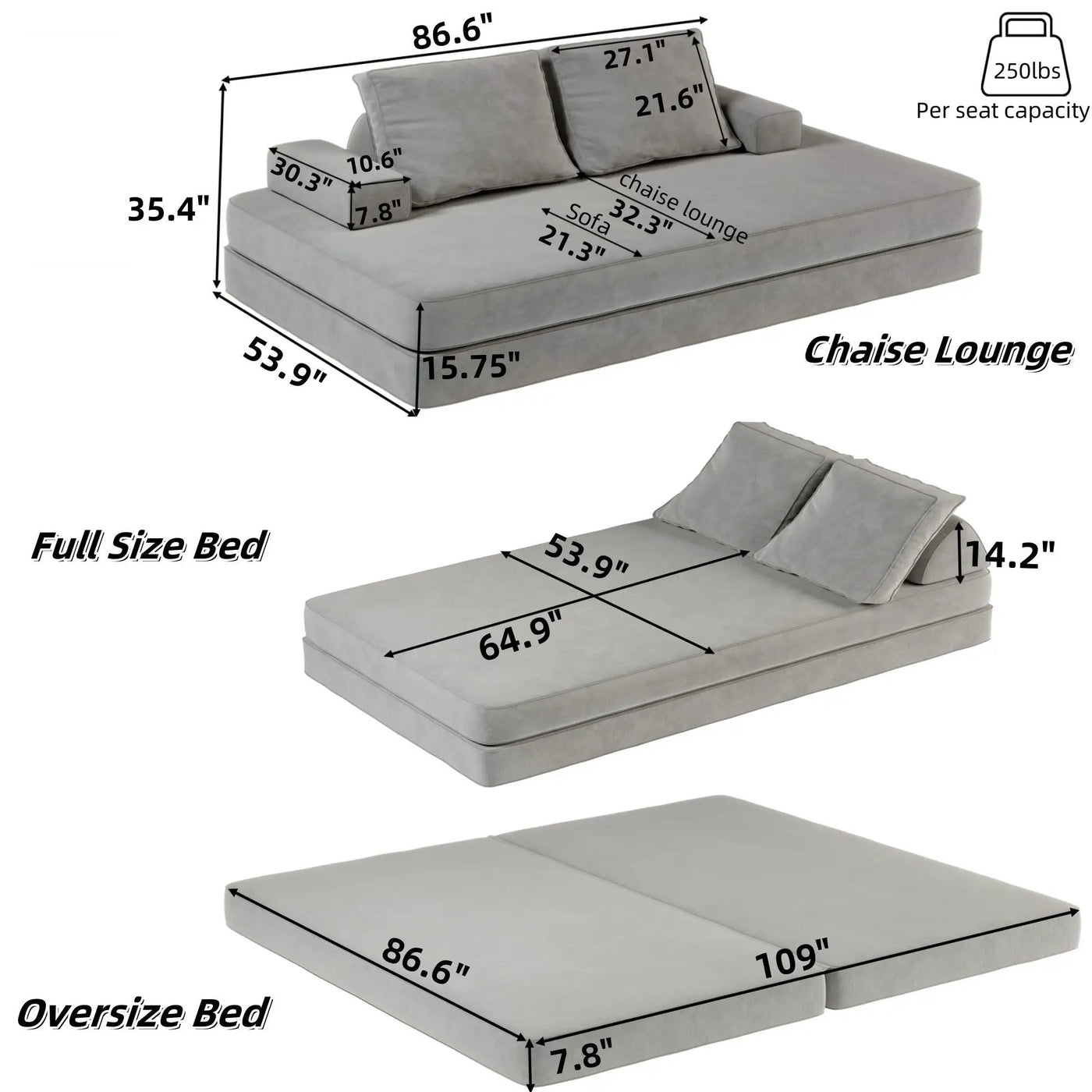 Multifunctional Convertible Sofa Bed With 2 Tumbler Backrests And 2 Pillows, Deep Seat Couch by HouseOfZazla