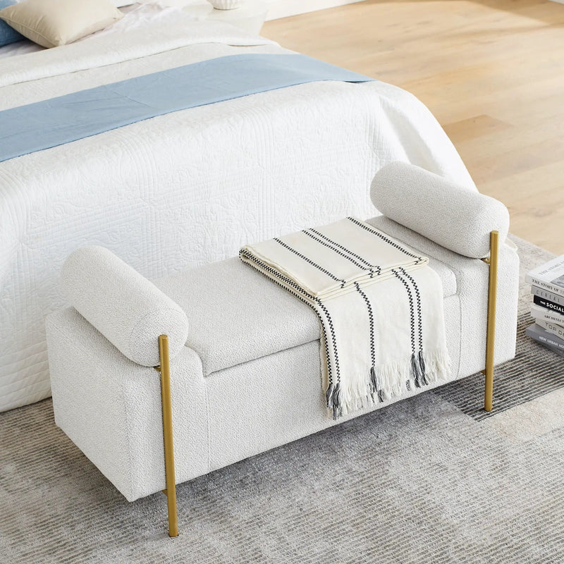 Elegant Upholstered Storage Bench With Cylindrical Arms And Iron Legs, by HouseOfZazla